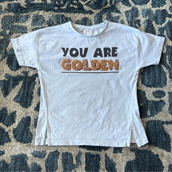 Zara Girls/kids T shirt/Top/Tee Sz 6 Blue Black sparkly glitter front print - Picture 1 of 6